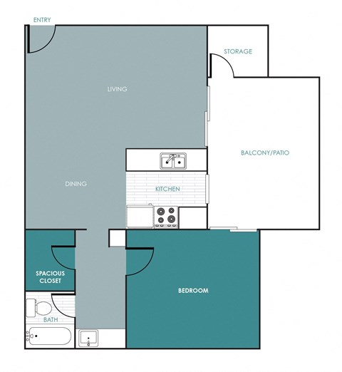 Floor plan for 1 bed, 1 bath, 750 sqft